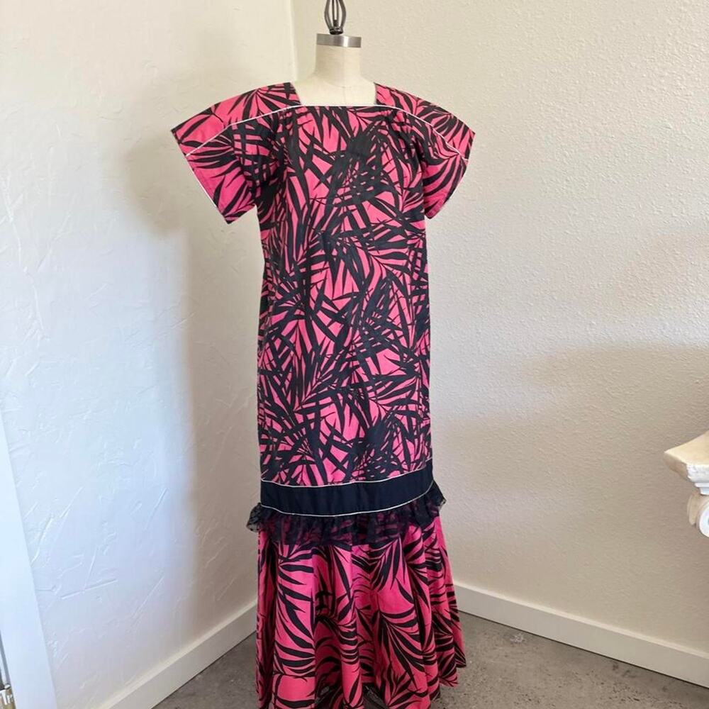 Vintage Jeffrey Barr x Carol & Mary Hawaii Pink Tropical Drop Waist Maxi Dress